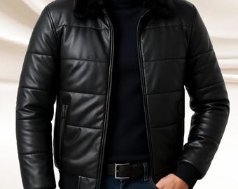Black Aviator Leather Puffer Jacket Men: Sheepskin Leather Bubble Flight Coat
