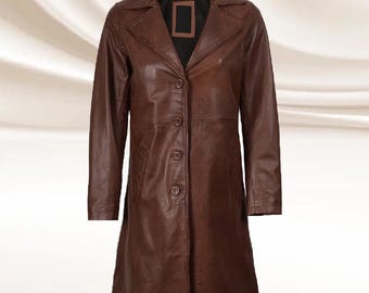 Abrigo largo de piel de oveja auténtica color marrón coñac para mujer: abrigo 3/4 de largo