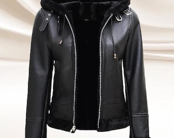 Kurtka damska z czarnej owczej skóry: zimowa z kapturem Sherpa