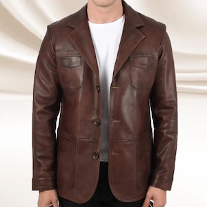 Men&#39;s Choco Brown Cognac Leather Blazer Coat Jacket Soft Sheepskin Handmade Leather Blazer Jacket Waxed Brown Pure Buttoned Leather Coat