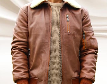 Men's Brown Leather Aviator Bomber Jacket: Genuine Sheepskin Flight Collar with Fur