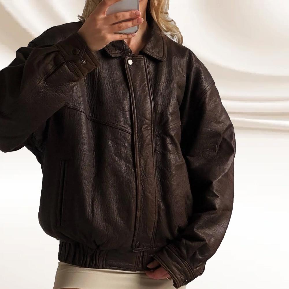 Vintage Brown Sheepskin Leather Bomber Jacket: Oversized Baggy