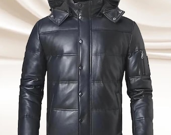 Men's Black Puffer Leather Jacket: Genuine Sheepskin Hooded Leather Coat