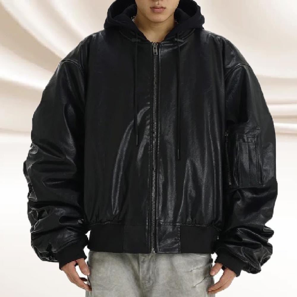Men's Vintage Black Baggy Leather Bomber Jacket: Oversized Hooded