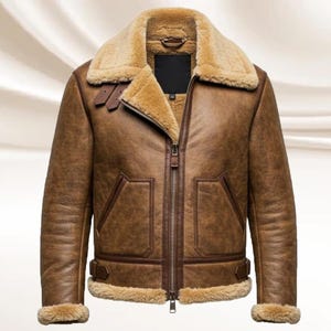 Men&#39;s B3 Brown Leather Shearling Bomber Jacket: Sheepskin Sherpa Aviator Leather Coat