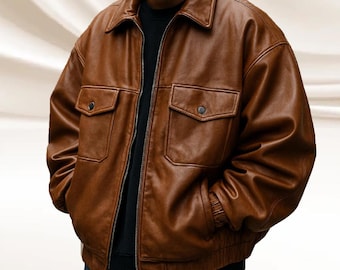 Chaqueta bomber de piel de oveja marrón de gran tamaño: corte holgado para hombre