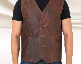 Chaleco de cuero marrón vintage para hombre, de piel de vaca auténtica, estilo motero, sin mangas.