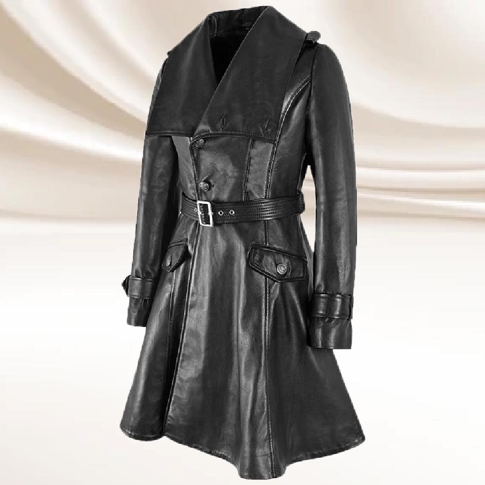 Black Sheepskin Leather Trench Coat: Belted Womens Flare Coat