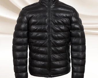 Men's Black Leather Puffer Jacket: Genuine Sheepskin Leather Bubble Coat for WInter