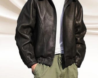 Chaqueta bomber de cuero negra extragrande para hombre: abrigo holgado de piel de oveja pura