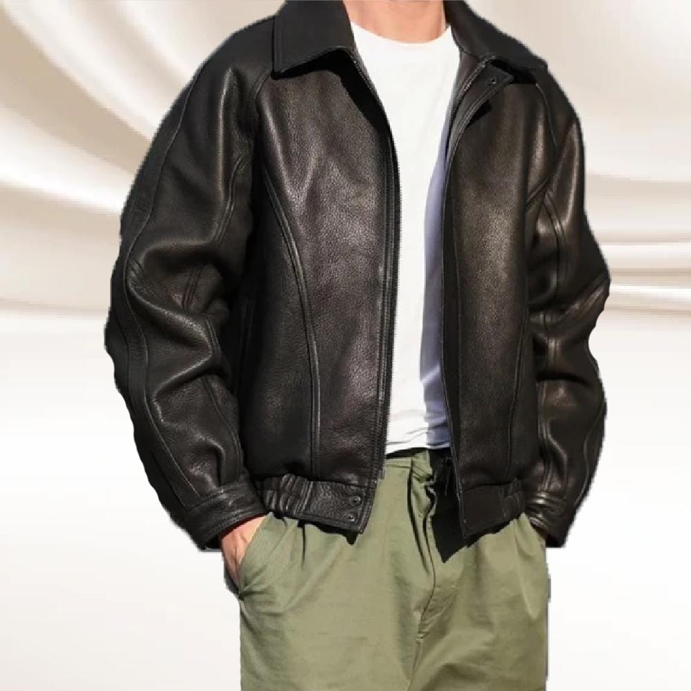 Mens Black Oversized Leather Bomber Jacket: Pure Sheepskin Leather