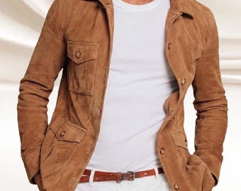 Chaqueta de camisa de ante de cabra marrón: Blazer de cuero color canela para hombre