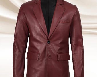 Men's Genuine Sheepskin Leather Blazer: Maroon Jacket Coat
