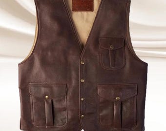 Chaleco de cuero marrón vintage para hombre, de auténtica piel de oveja, estilo motero.