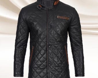 Chaqueta de invierno de piel de oveja auténtica para hombre, acolchada, negra, larga, de cuero, de longitud media