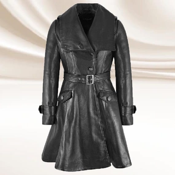 Black Sheepskin Leather Trench Coat: Belted Womens Flare Coat