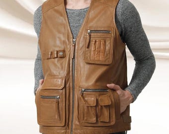 Chaleco de cuero para motocicleta hecho a mano, marrón, para cazar y para motociclistas.