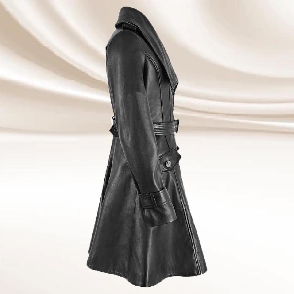 Black Sheepskin Leather Trench Coat: Belted Womens Flare Coat