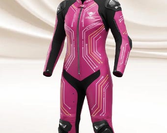 Traje de motociclista de cuero rosa y negro para mujer, de una pieza, personalizado, para carreras