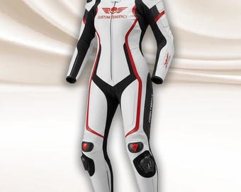 Traje de motociclista de cuero de una pieza, totalmente personalizado, para mujer, color blanco y negro