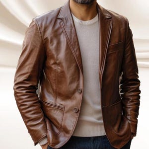 Mens Cognac Brown Vintage Sheepskin Leather Blazer Coat | Handmade Leather Blazer Jacket | Custom Leather Blazer Jacket Male | Gifts for Men