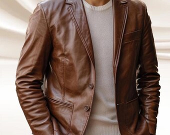 Mens Vintage Cognac Brown Sheepskin Leather Blazer: Handmade