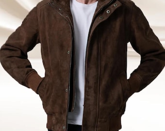 Men's Chocolate Brown Leather Suede Bomber Jacket: Genuine Goat Suede Coat Men
