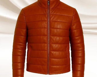 Men's Puffer Leather Jacket: Genuine Sheepskin Brown Leather Bubble Coat