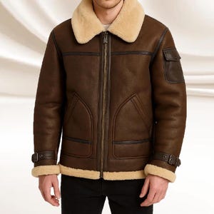 Men&#39;s B3 Brown Aviator Leather Shearling Bomber Jacket: Genuine Sheepskin Flight Leather Coat Winter