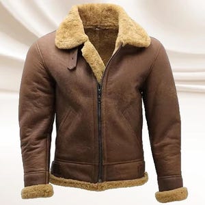 Men&#39;s B3 Brown Sheepskin Real Leather Shearling bomber Coat Jacket, Shearling Genuine Leather Jacket, Fur Leather Coat Jacket Men, Gift