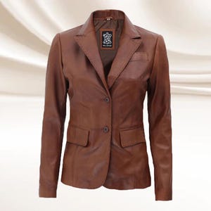 Women's Brown Leather Blazer Jacket: Genuine Sheepskin 2-Button Coat Winter for Ladies