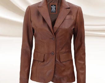 Chaqueta de cuero marrón para mujer: abrigo de piel de oveja auténtica de dos botones para invierno.