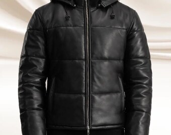 Black Hooded Leather Puffer Jacket: Sheepskin Men's Leather Bubble Coat