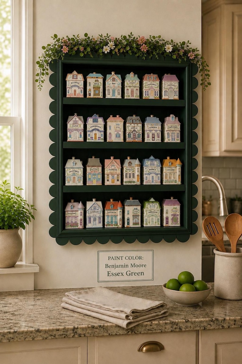 May include: A dark green scalloped shelf displays a collection of miniature, colorful ceramic houses. Each house is uniquely designed and labeled with a spice name. The shelf is adorned with floral accents, creating a charming kitchen display.