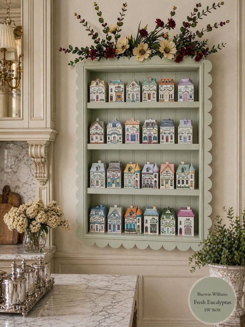May include: A collection of miniature ceramic houses displayed on a scalloped-edge shelf. Each house features unique architectural details and colorful designs. The shelf is painted a soft green, and the arrangement is topped with floral accents.