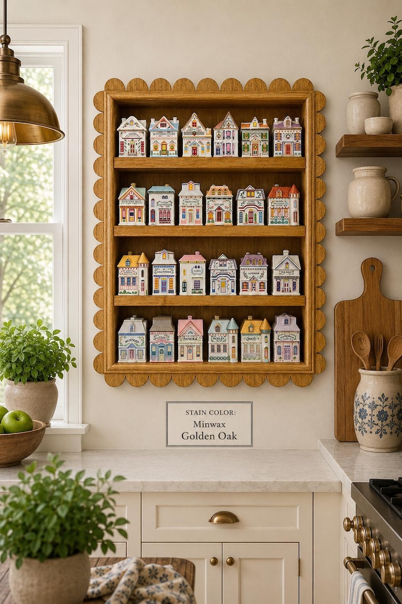 May include: A wooden shelf with a scalloped edge displays miniature ceramic houses, each painted with unique colors and architectural details. The shelf is stained with Minwax Golden Oak. The houses are arranged in rows, creating a charming decorative display.