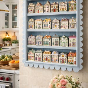 May include: A light blue, scalloped-edge shelf displays a collection of miniature ceramic houses. Each house is uniquely designed with colorful details, resembling a charming village. The shelf is adorned with a floral garland.