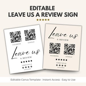 Editable Review Sign Template Canva | QR Code Leave Us a Review Sign for Small Business | Google Facebook Review Printable Download