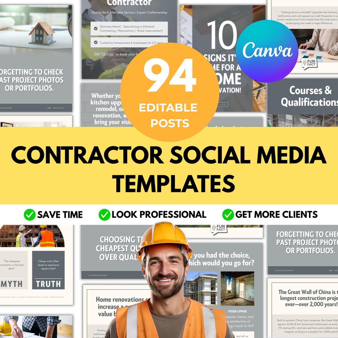 Contractor Posts Contractor Social Media Templates | 94 Canva Posts for Builders ...