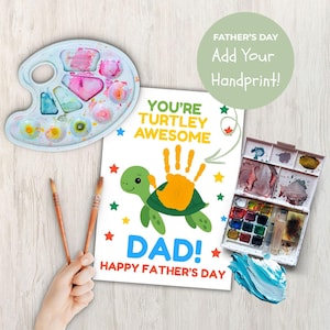 Vaderdagcadeau voor vader van Kids | Turtley Awesome handafdruk Craft | Afdrukbare kaart voor papa | DIY-aandenken | Direct downloaden