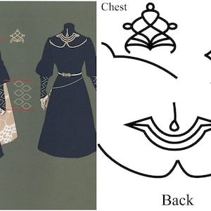 May include: A black and gold embroidered design for a garment. The design is divided into three sections: chest, arm, and back. The chest design is a complex, interwoven pattern. The arm design is a simple eye shape. The back design is a curved shape with a pointed tip.