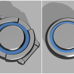 May include: Two silver-colored round buttons with a blue ring around the center. The button on the left has a more complex design with a raised edge around the ring.