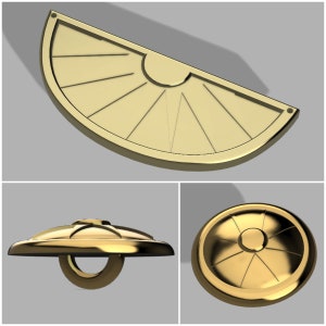 Puede incluir: Tres botones de metal de color dorado con un diseño de rayos de sol. Los botones son redondos y tienen un centro elevado. Los botones se muestran desde diferentes ángulos.