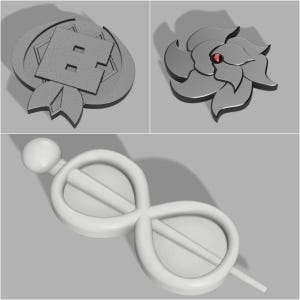 Puede incluir: Tres pinzas para el pelo decorativas. La primera es una pinza de color plateado con un diseño geométrico y un centro negro. La segunda es una flor de color plateado con una gema roja en el centro. La tercera es una pinza blanca en forma de infinito con una varilla plateada.