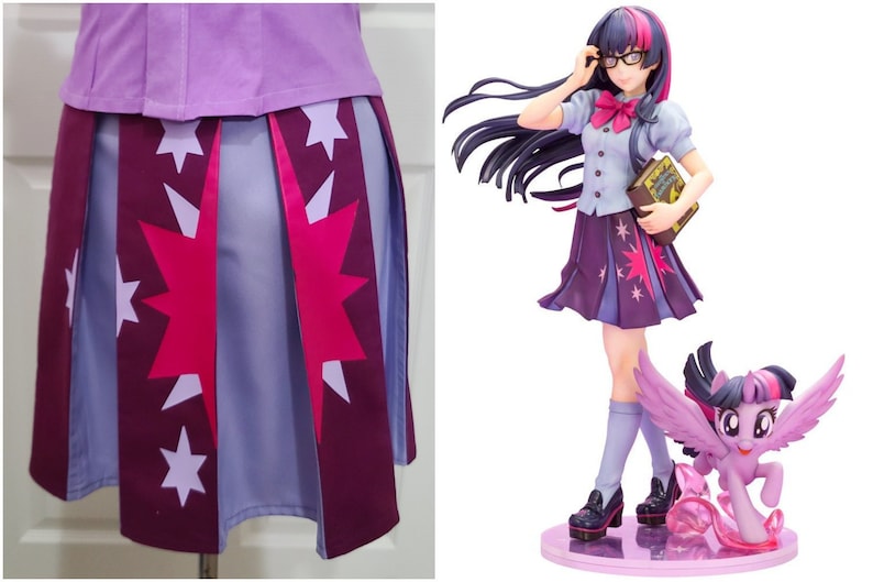 May include: A purple and pink anime figurine of Twilight Sparkle from My Little Pony: Friendship is Magic. She is wearing a school uniform with a purple skirt, a white shirt, and a pink bow. She is holding a book and has a small pony figurine of Twilight Sparkle at her feet.