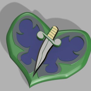 May include: A green heart-shaped pin with a silver dagger piercing through it. The dagger has a gold handle with a black and white striped pattern. The heart has a blue and gray design.