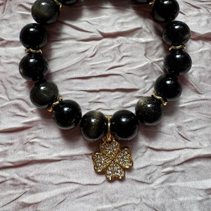 Black Obsidian Beaded Charm Bracelet – Handmade Gemstone Jewelry. Stone Absorbs and transforms negative energy. Personalized Unique Gift