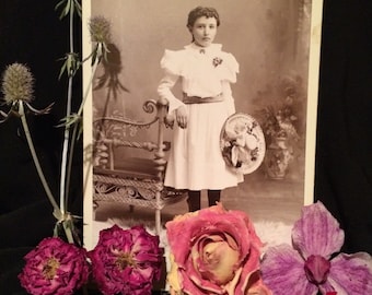 Girl of Bancroft Iowa - Cabinet Photo - Vintage  Photo - Straw Hat with Flowers - Antique Photo - Cabinet Card - Old Photo