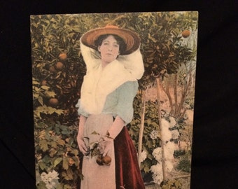 French Real Photo Postcard - Woman of Paysanne Hyeroise - Fruit - Straw Hat - Basket - Antique Photo - France - Orchard
