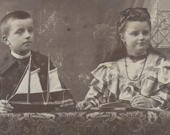 Small Antique Photo - Boy and Girl with Sailboat - Vintage Photo